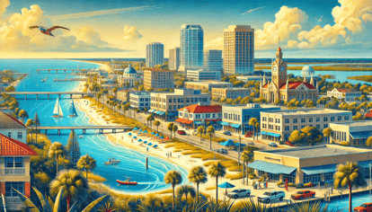 Vibrant digital illustration of Melbourne, Florida, featuring a scenic beachfront with golden sands and blue ocean waves, a historic downtown with charming buildings and local boutiques, and the Indian River Lagoon with boats and palm trees. The image also showcases Melbourne’s tech industry with a modern office skyline, cultural venues, and outdoor activities like golfing and fishing. The bright, sunny sky with wispy clouds enhances the welcoming and lively atmosphere.