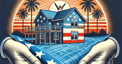 Illustration of a house under construction with blueprint overlay, palm trees, and subtle American flag elements, symbolizing VA construction loans in Florida. The image represents the support and benefits provided to veterans for building homes in the state.