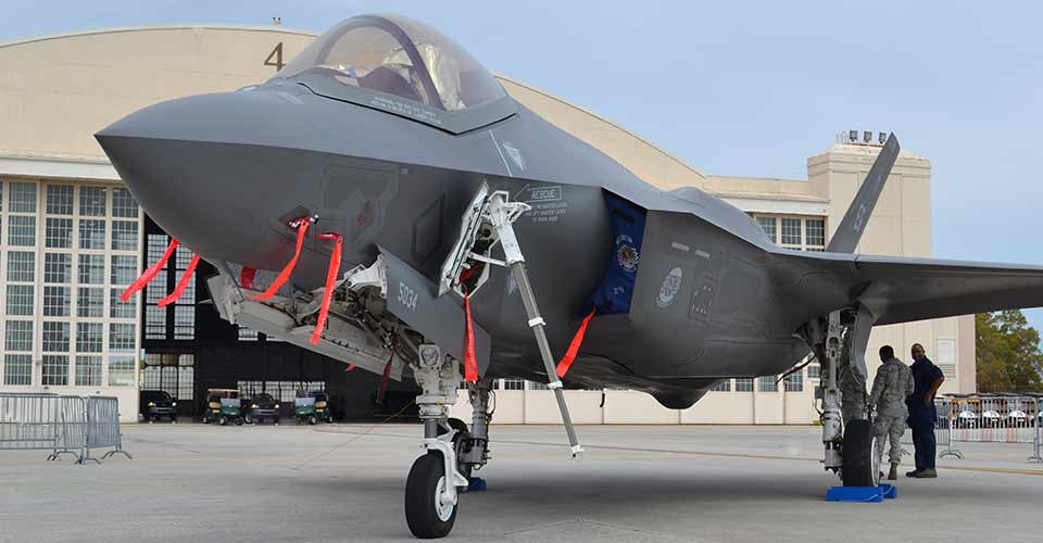 A US Air Force F-35 Joint Strike Fighter jet at MacDill Air Force Base