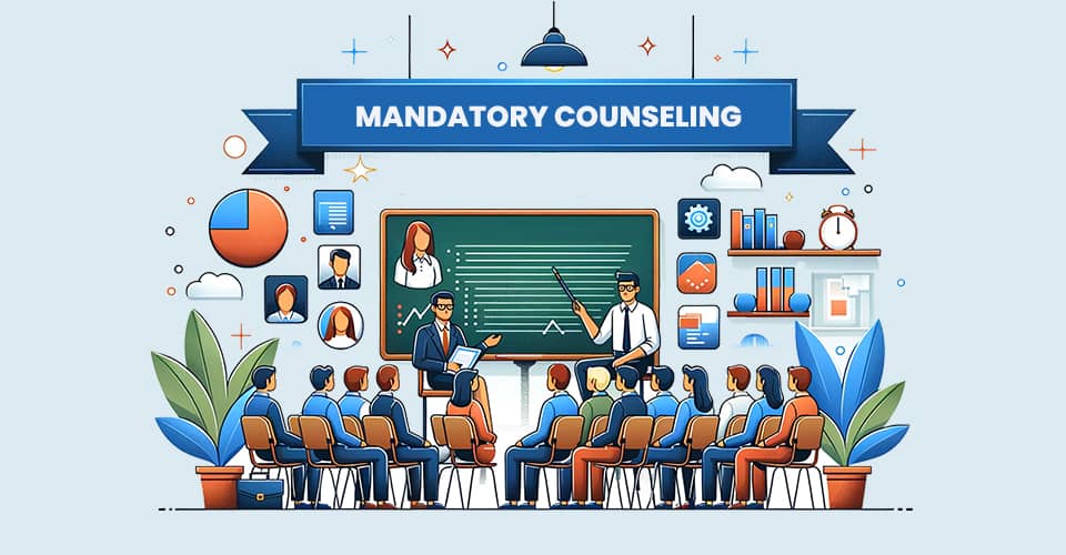 A classroom setting with multiple individuals and a counselor at the front