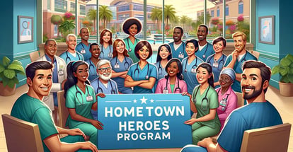 A diverse group of nurses engaged in conversation about hometown heroes program
