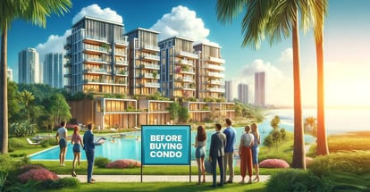 A group of condo owners standing in front of a modern condominium complex