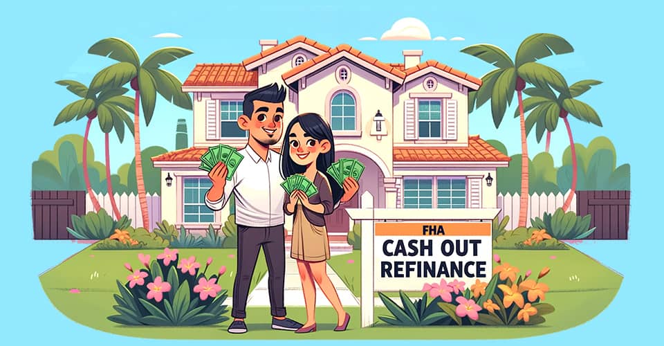 A happy couple with cash from FHA Cash Out Refinance outside their Florida home