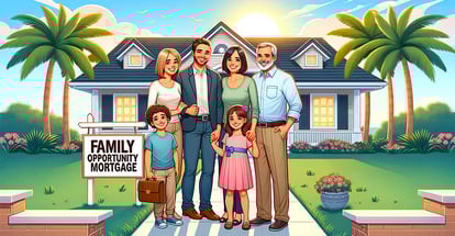 A happy family outside a house bought using Family Opportunity Mortgage in Florida