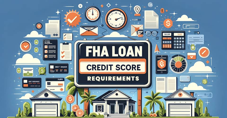 A large board with text FHA Loan Credit Score Requirements and icons related to credit scores