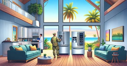 A military person is shown discussing about appliances with an appraiser