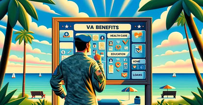 A military person looking at a large board that outlines various VA benefits