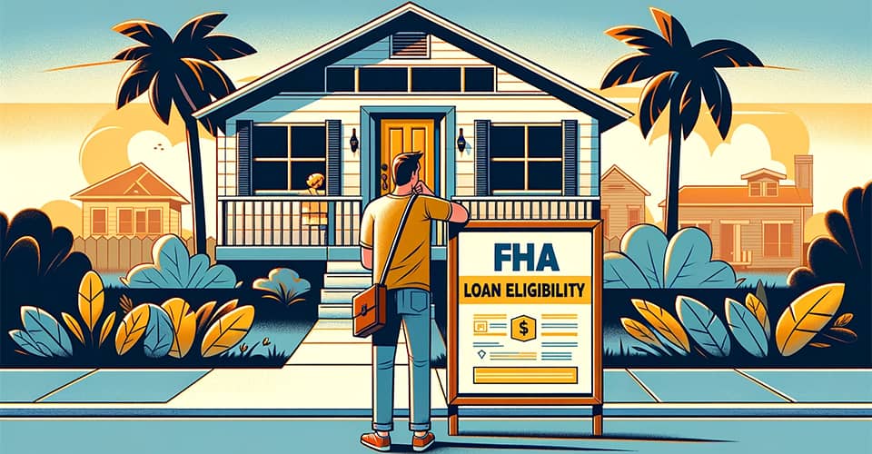 A person outside a house in Florida gazing at a board titled FHA Loan Eligibility