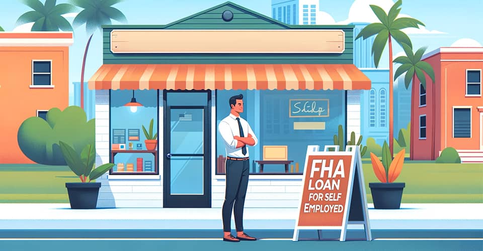 A person outside a small shop in Florida and a board with title FHA Loan for Self Employed