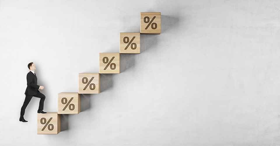 A person walking on abstract growing interest rate with arrow