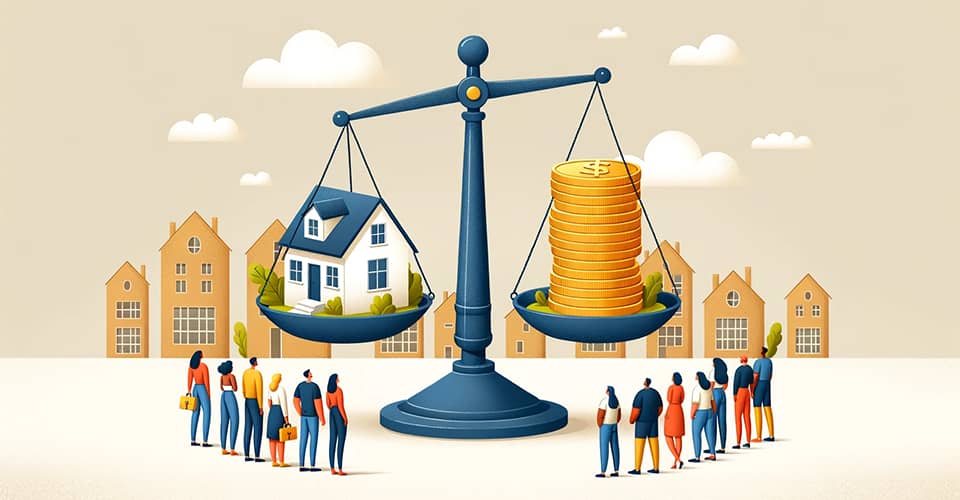A scale balancing a house and a stack of coins representing financial assistance