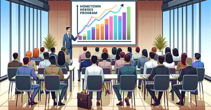 A seminar room where diverse group of realtors is engaged in a presentation about hometown heroes program