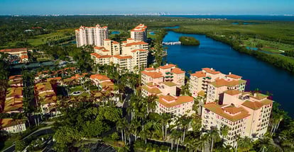 Aerial image of waterfront luxury condominiums in Miami Florida