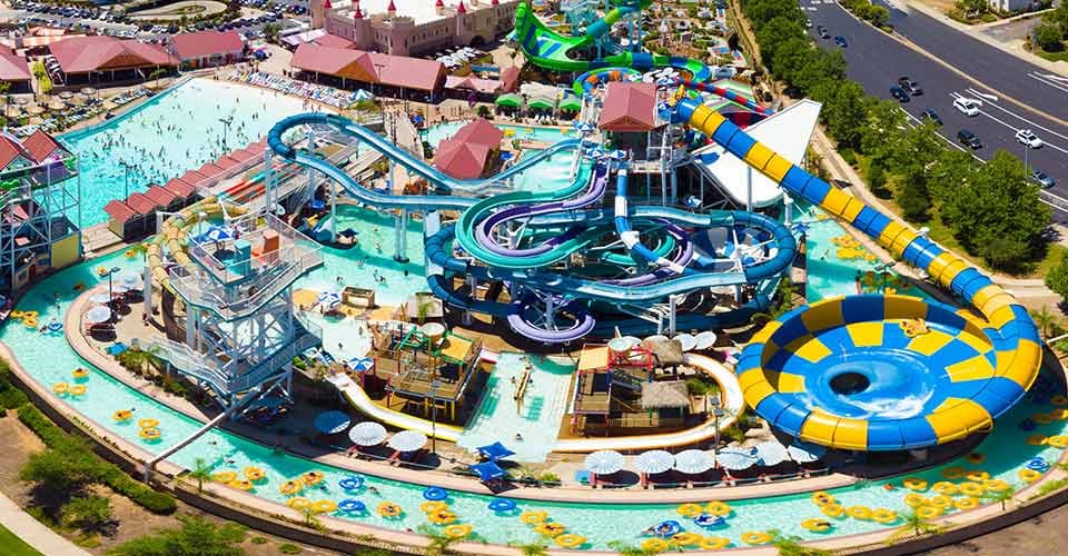 Aerial panorama view of Waterpark with 30 exciting Twisting water rides and attractions