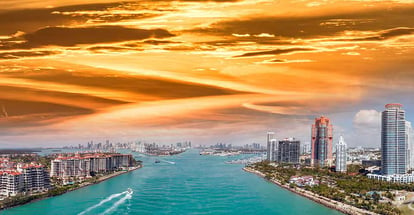 Aerial panoramic view of Miami skyline and coastline from South Pointe Park in Florida