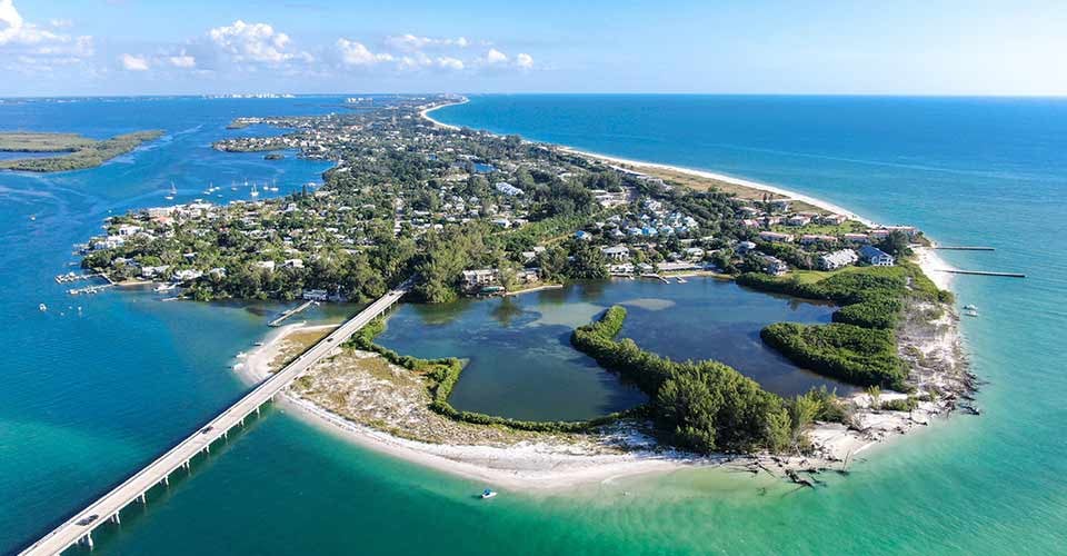 Aerial view of Longboat Key town and beaches in Manatee and Sarasota counties in Florida