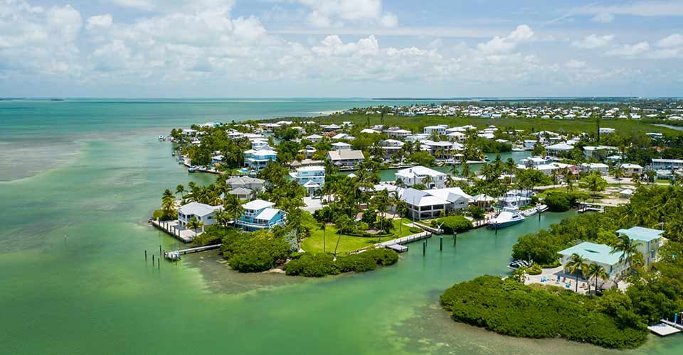 Aerial view of Waterfront homes in Florida Keys