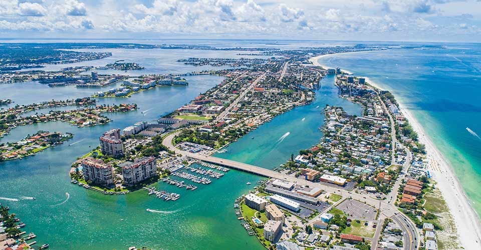 Aerial view of a sunny beach in St Pete Beach Florida