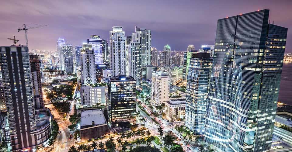 Aerial view of cityscape at night in Miami Florida