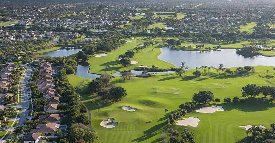 Aerial view of florida golf community in palm beach county