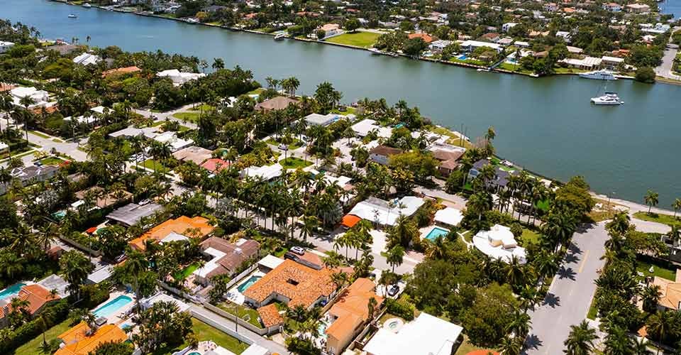 Aerial view of neighborhood in Miami Florida