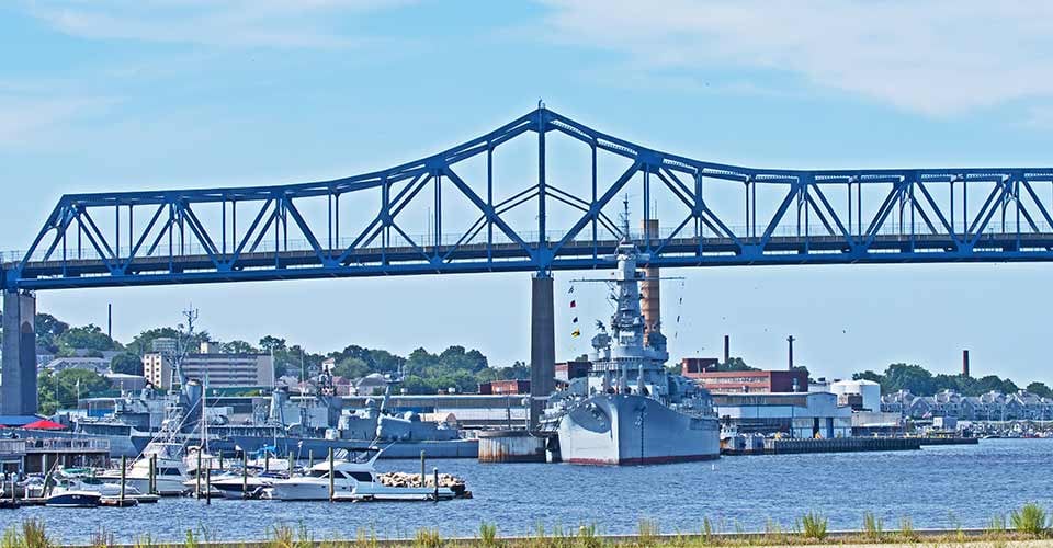 Battleship USS Massachusetts with the Braga Bridge in the background