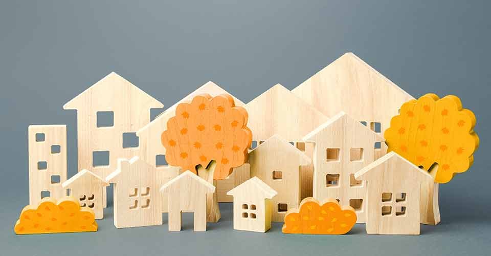 City of model houses and autumn yellow trees