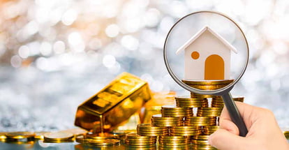 Coin stack and magnifier searching for investment property
