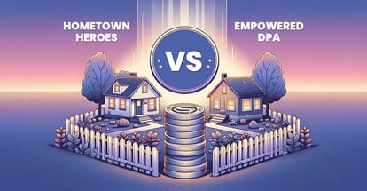 Comparing hometown heroes program and empowered dpa with coins stack up and house surrounded by garden