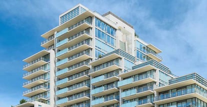 Condominium or apartment building with asymmetrical stair step architecture in the city downtown