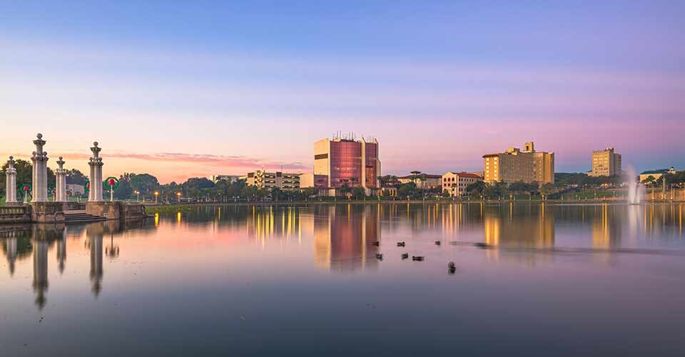 Downtown cityscape on the lake at twilight in Lakeland Florida