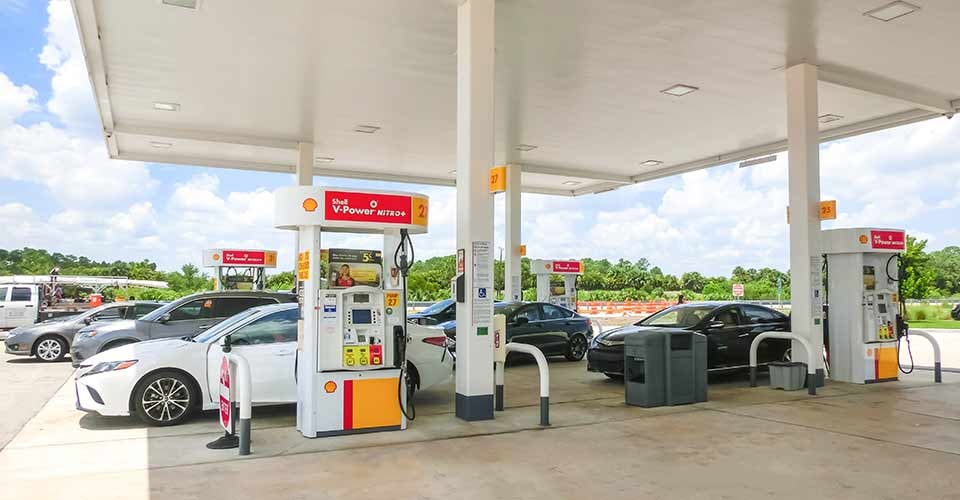 Filling nozzles at a Shell gas station