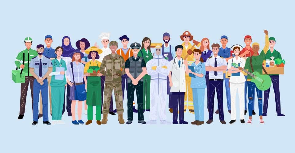 Group of people from different occupations standing together