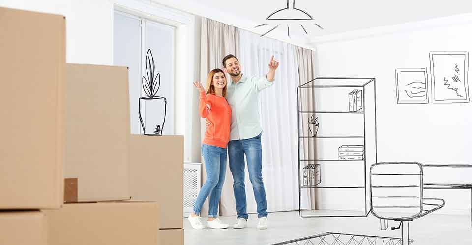 Happy couple imagining living room renovation
