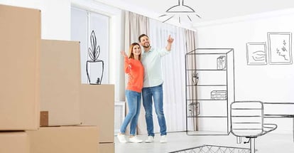 Happy couple imagining living room renovation