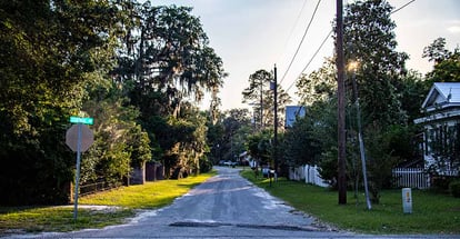 Late summer sun lights up the mossy oaks lining a quiet street in Jasper Florida