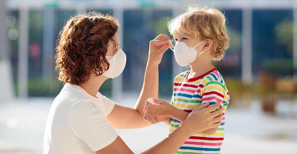 Mother and child wear facemask during coronavirus and flu outbreak