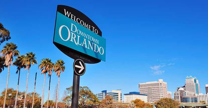 Orlando downtown welcome sign with tropical scene in Florida