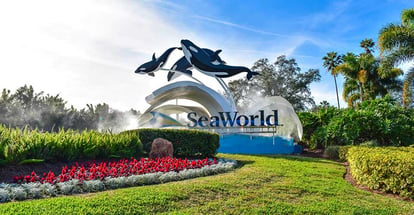 Panoramic view of Seaworld sign in International Drive area in Orlando Florida