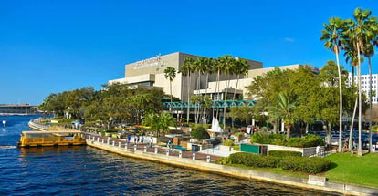 Panoramic view of Straz Center water taxi on Hillsborough river in downtown area in Tampa Bay Florida