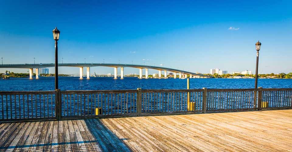 Pier and bridge over the Halifax River in Daytona Beach Florida