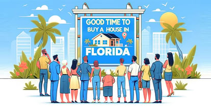 Potential homebuyers looking at a board with text Good Time to Buy a House in Florida