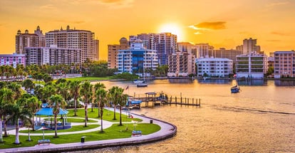 Skyline on the bay at sunrise in Florida
