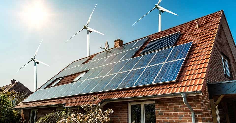 Solar panel on a roof and wind turbines in sustainable home