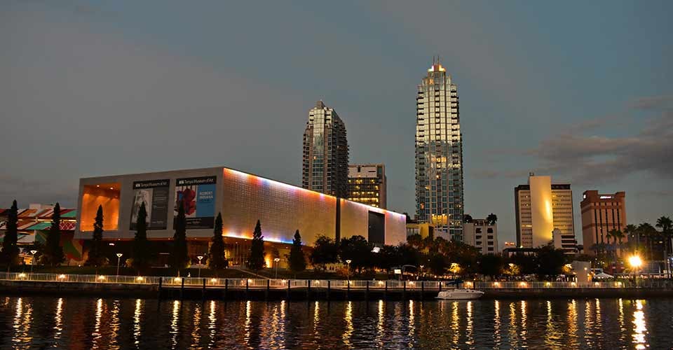 Tampa Museum of Art and downtown skyscrapers on sunset in Florida
