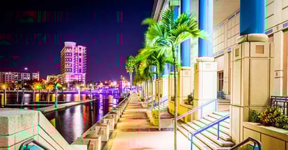 The Convention Center and Riverwalk at night in Tampa Florida