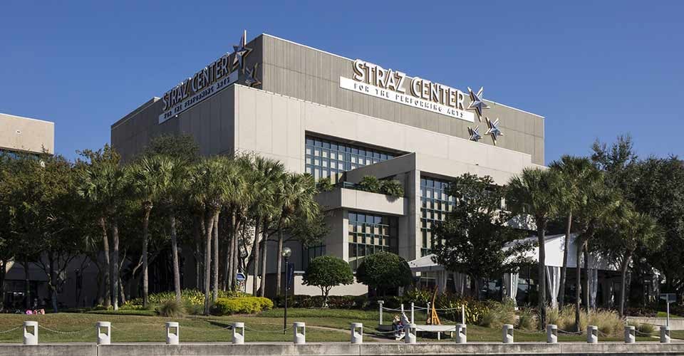 The Straz Center of Performing Arts building sited along the river in Tampa Bay Florida