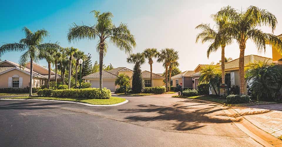 Typical gated community houses with palms in Florida