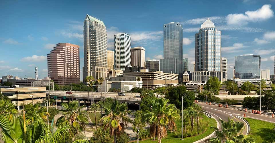 View of downtown city skyline looking over the freeway and the Riverwalk in Tampa Florida