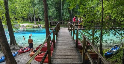 Walking bridge to blue springs swimming area at Gilchrist Blue Springs state park in Florida